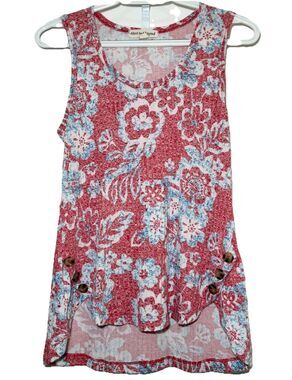 Above And Beyond Small Floral Sleeveless Top Sharkbite Hem Button Accent